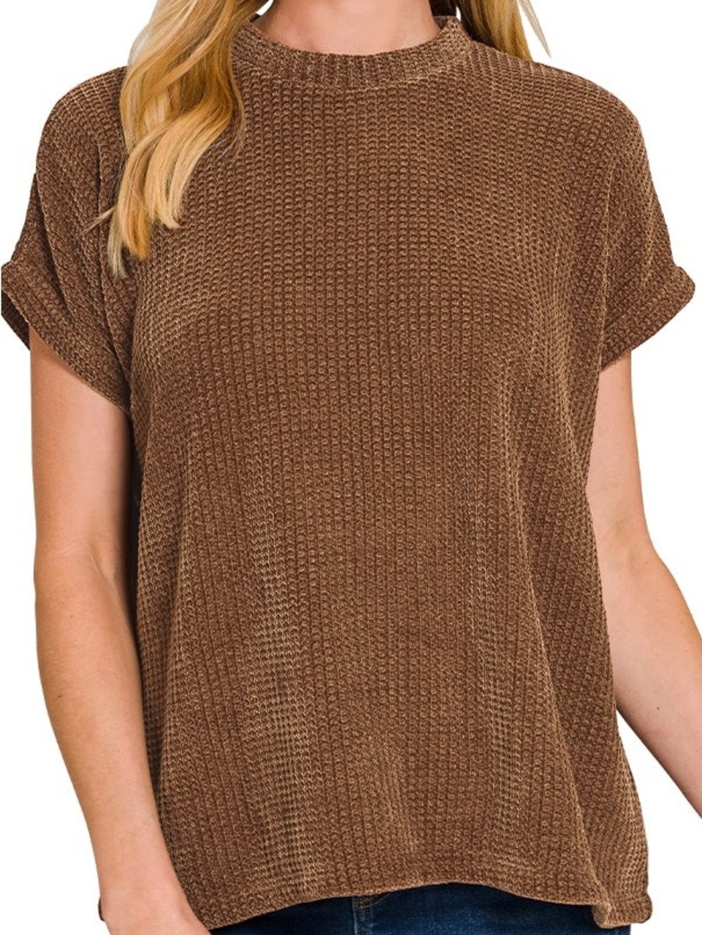 Zenana Outfitters Brown Waffle Knit Short Sleeve Top